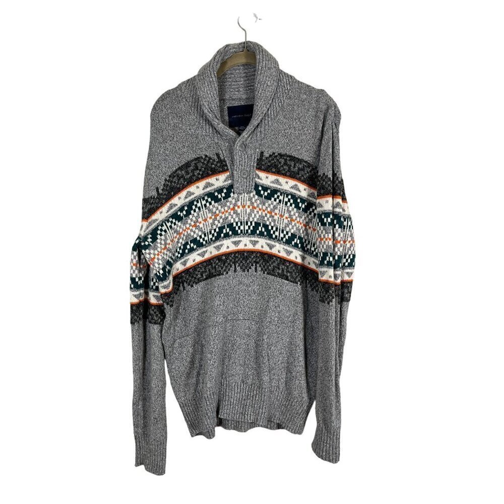 American Eagle Grandpa Sweater M Gray Cardigan Chevon Fair Isle Retro 80s